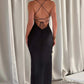 Sleeveless Backless Satin Maxi Prom Dress With High Slit And Lace-Up