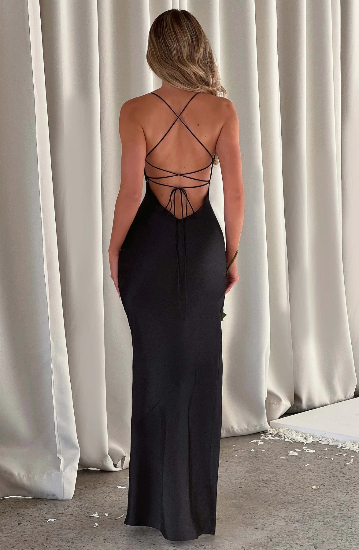 Sleeveless Backless Satin Maxi Prom Dress With High Slit And Lace-Up