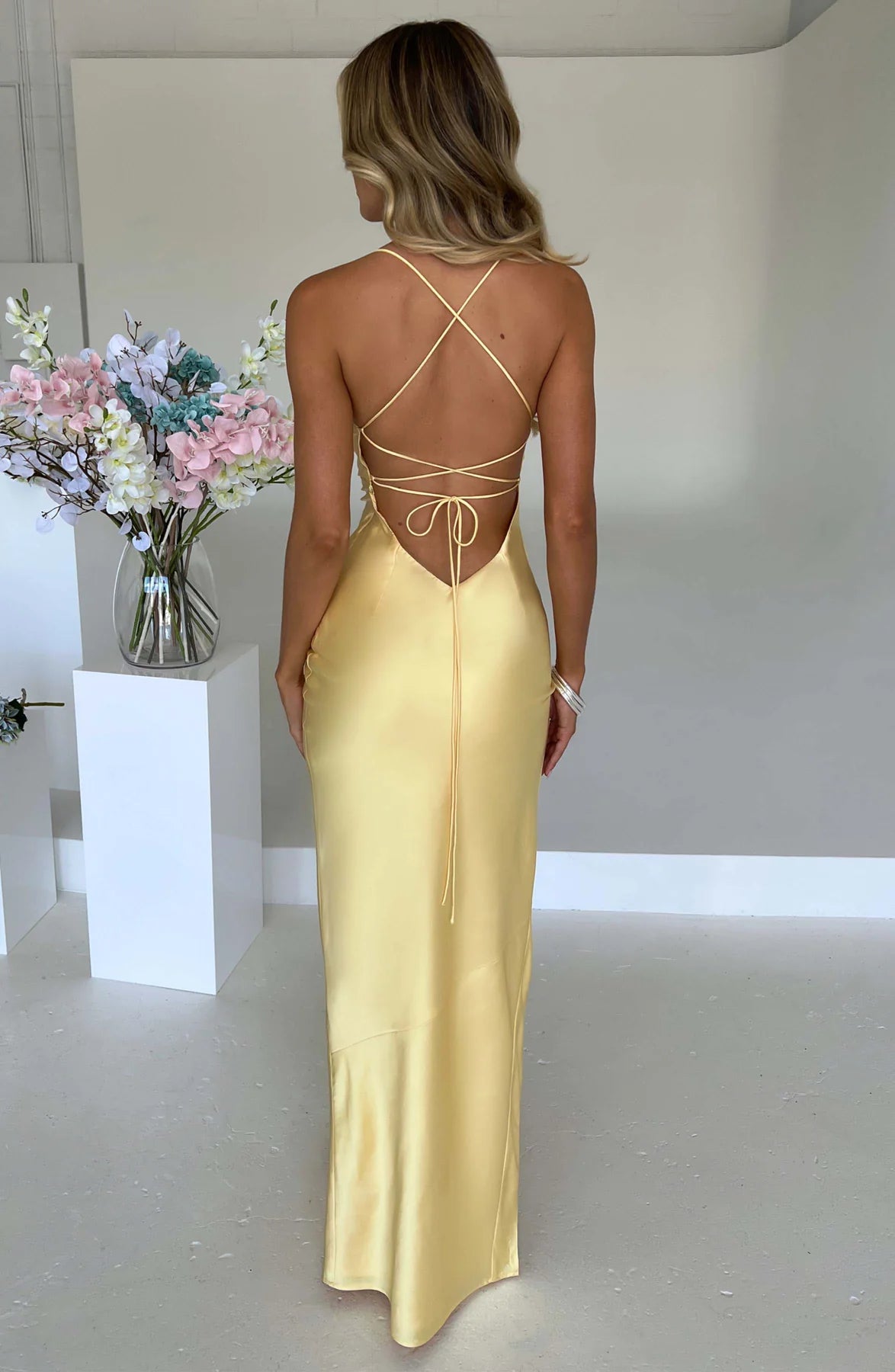 Sleeveless Backless Satin Maxi Prom Dress With High Slit And Lace-Up