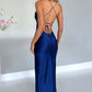 Sleeveless Backless Satin Maxi Prom Dress With High Slit And Lace-Up