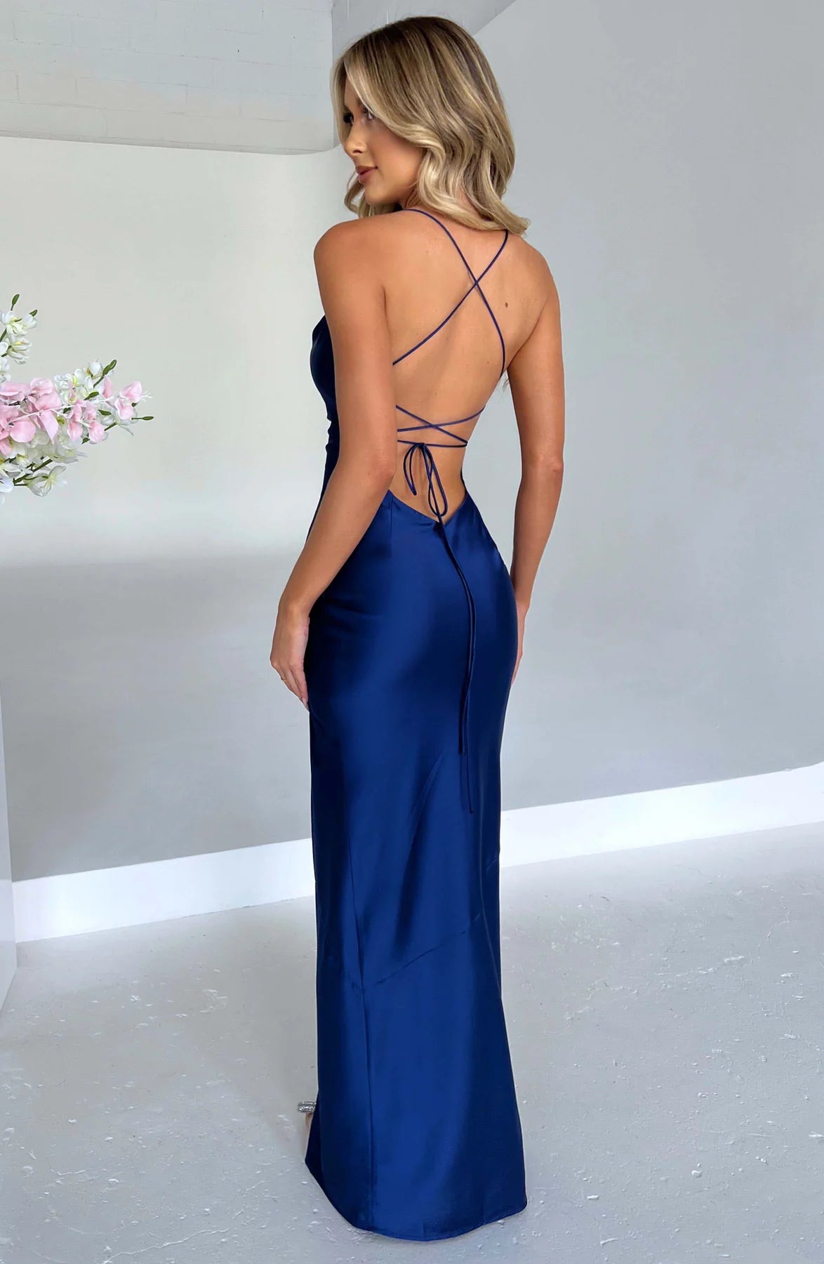 Sleeveless Backless Satin Maxi Prom Dress With High Slit And Lace-Up