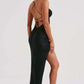 Sleeveless Backless Satin Maxi Prom Dress With High Slit And Lace-Up