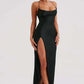 Sleeveless Backless Satin Maxi Prom Dress With High Slit And Lace-Up