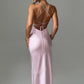 Sleeveless Backless Satin Maxi Prom Dress With High Slit And Lace-Up