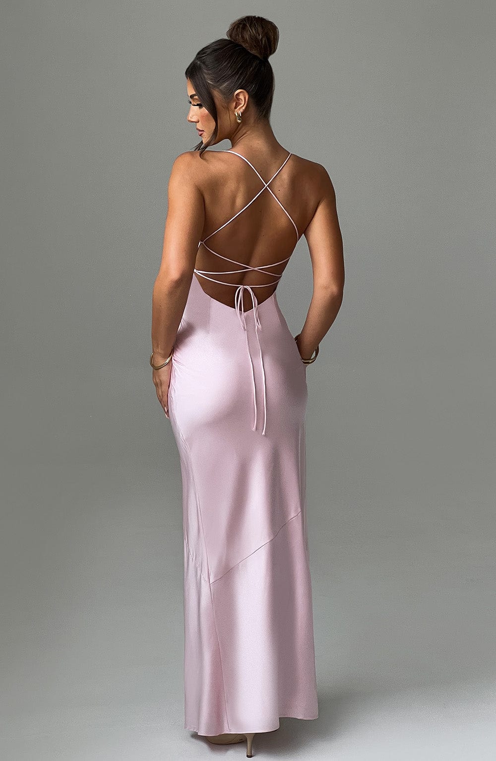 Sleeveless Backless Satin Maxi Prom Dress With High Slit And Lace-Up