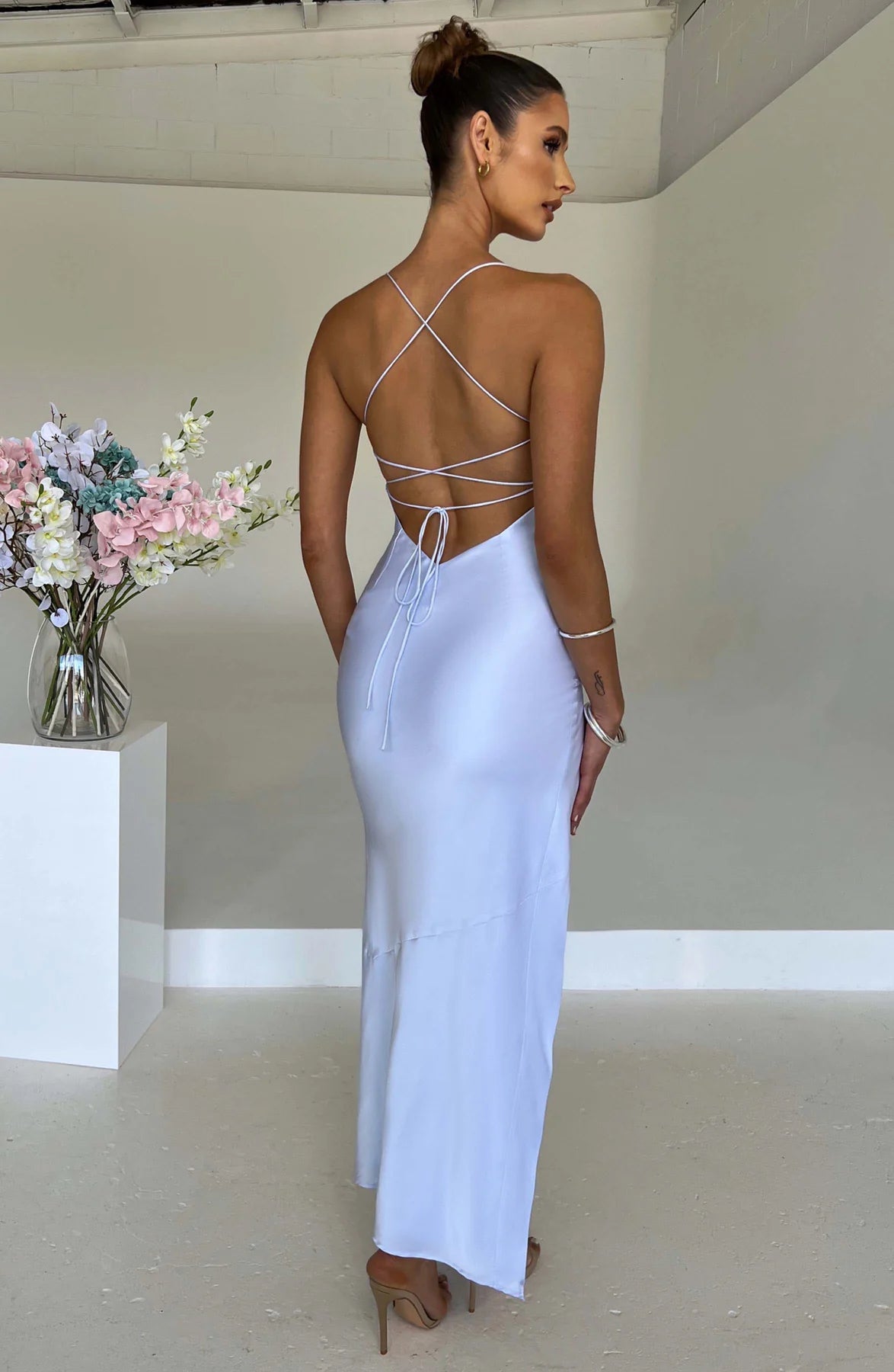 Sleeveless Backless Satin Maxi Prom Dress With High Slit And Lace-Up