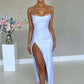 Sleeveless Backless Satin Maxi Prom Dress With High Slit And Lace-Up