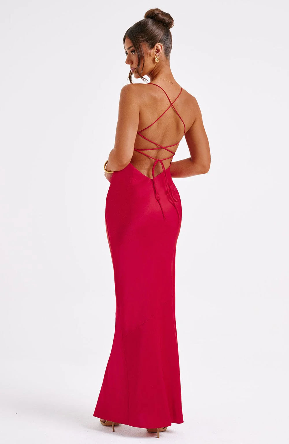 Sleeveless Backless Satin Maxi Prom Dress With High Slit And Lace-Up