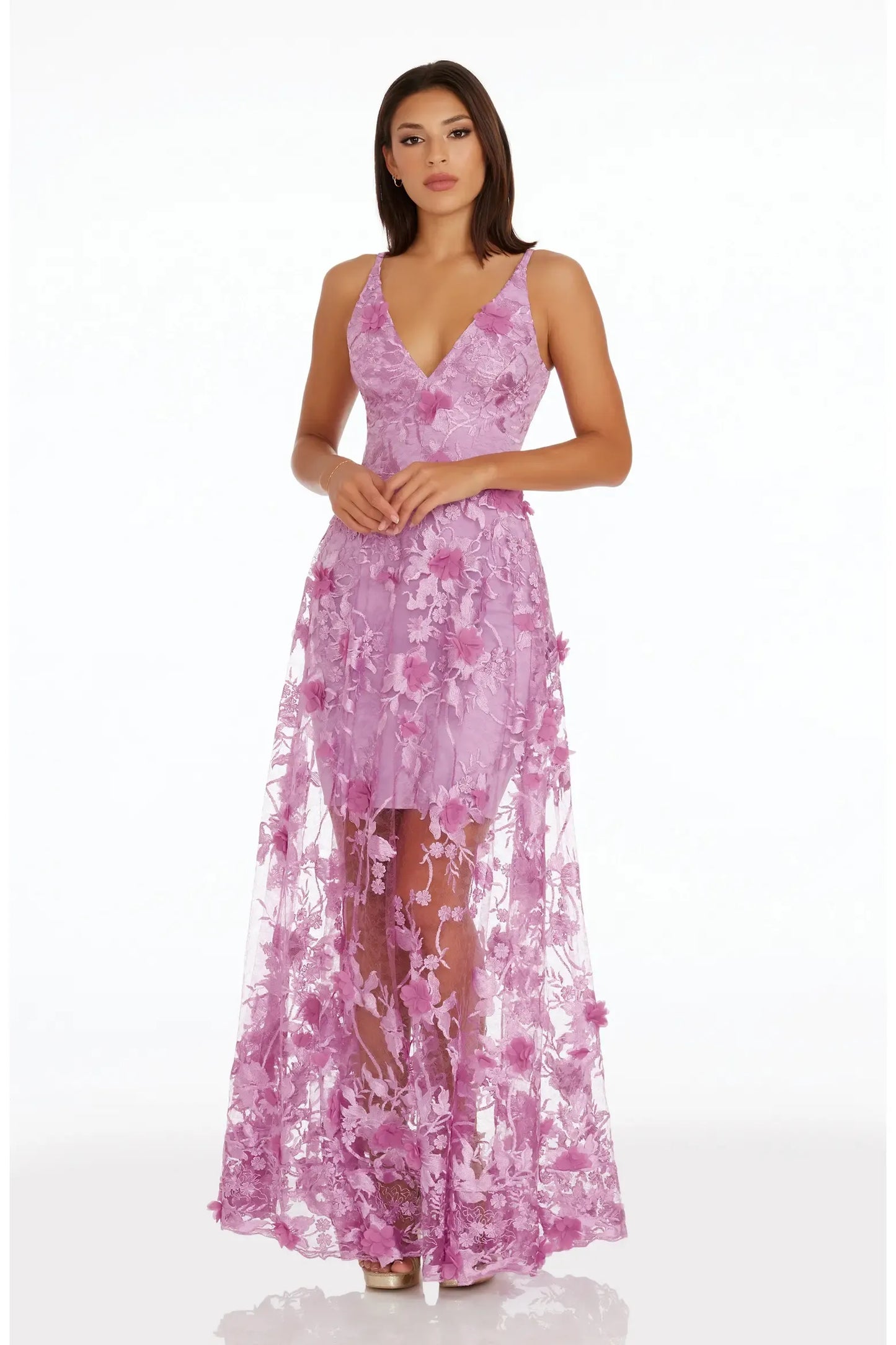 Slim Column V Spaghetti Strap Zip Back Sheer Maxi Prom Dress