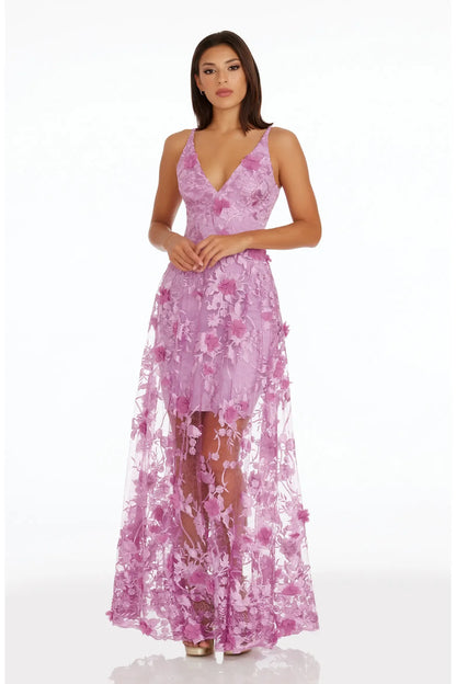 Slim Column V Spaghetti Strap Zip Back Sheer Maxi Prom Dress