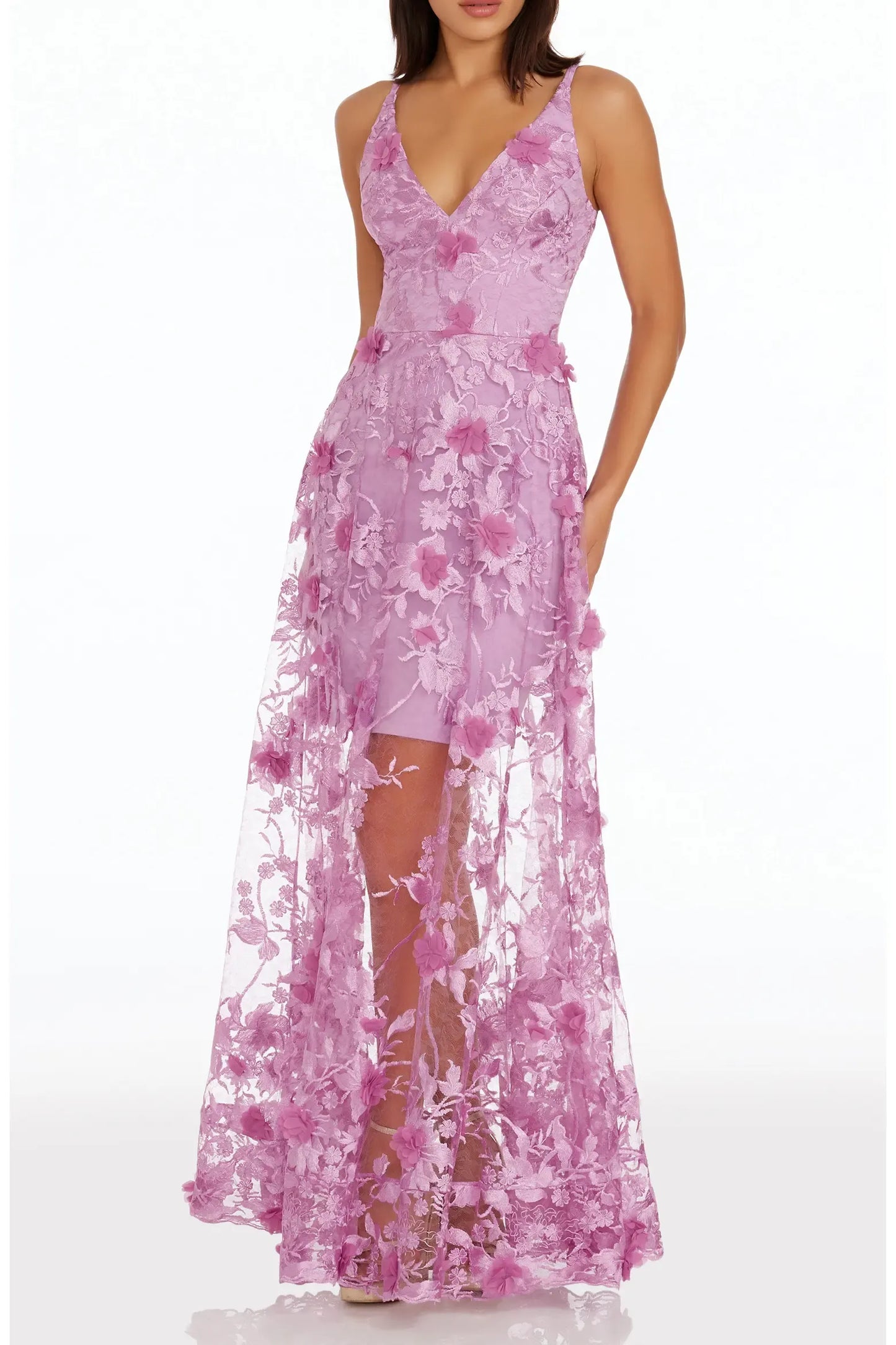 Slim Column V Spaghetti Strap Zip Back Sheer Maxi Prom Dress