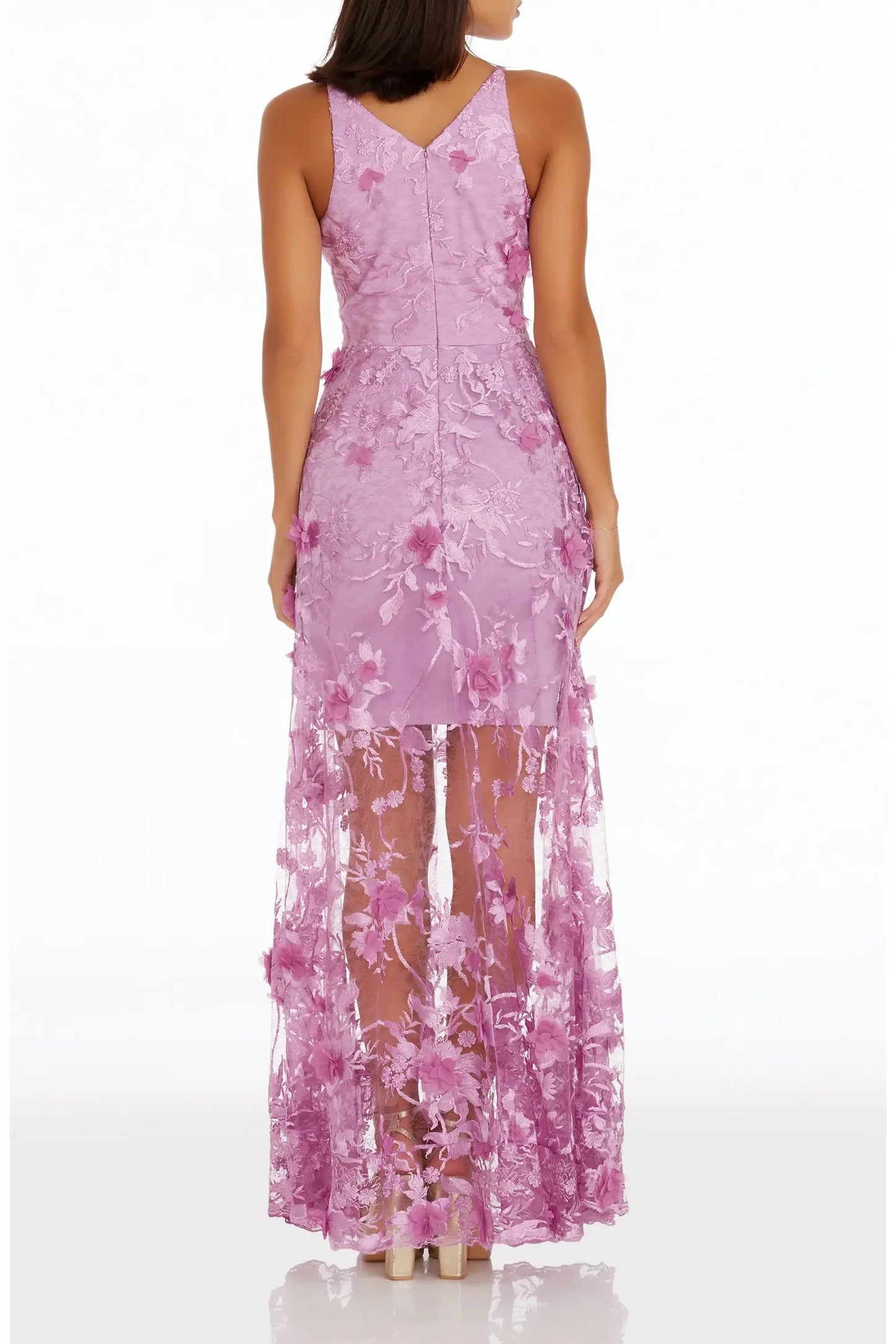 Slim Column V Spaghetti Strap Zip Back Sheer Maxi Prom Dress