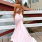 Spaghetti Strap Deep V Neck Ruched Satin Mermaid Lace-Up Back Sweep Train Prom Evening Gown