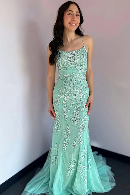 Spaghetti Strap Scoop Neck Allover 3D Floral Leaf Lace Crisscross Lace-Up Back Mermaid Sweep Train Prom Evening Gown
