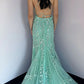 Spaghetti Strap Scoop Neck Allover 3D Floral Leaf Lace Crisscross Lace-Up Back Mermaid Sweep Train Prom Evening Gown
