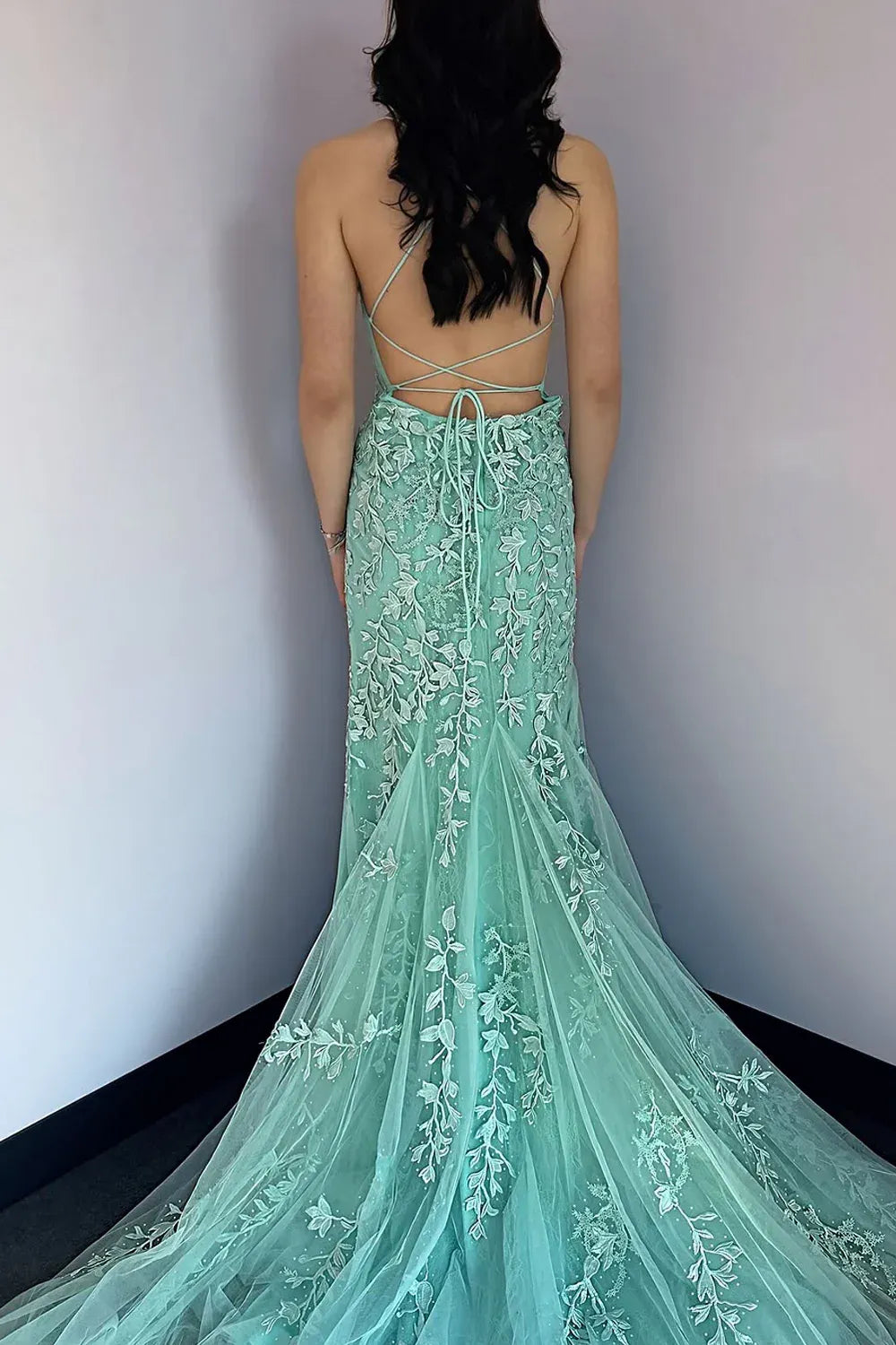 Spaghetti Strap Scoop Neck Allover 3D Floral Leaf Lace Crisscross Lace-Up Back Mermaid Sweep Train Prom Evening Gown
