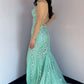 Spaghetti Strap Scoop Neck Allover 3D Floral Leaf Lace Crisscross Lace-Up Back Mermaid Sweep Train Prom Evening Gown