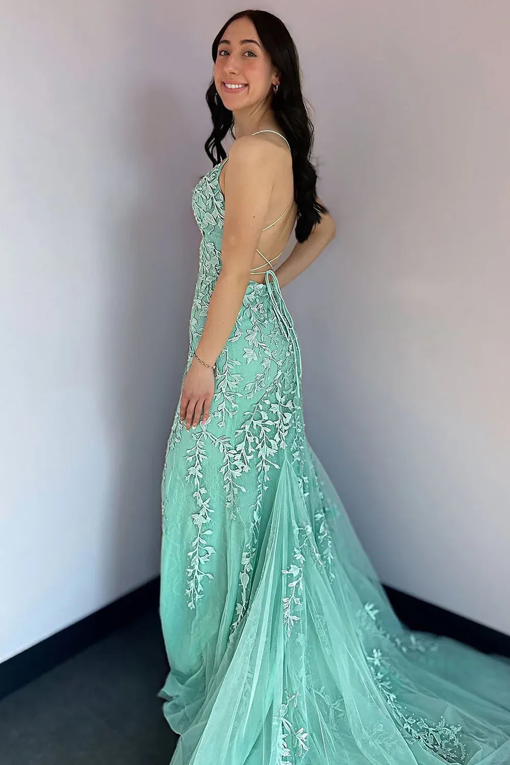 Spaghetti Strap Scoop Neck Allover 3D Floral Leaf Lace Crisscross Lace-Up Back Mermaid Sweep Train Prom Evening Gown
