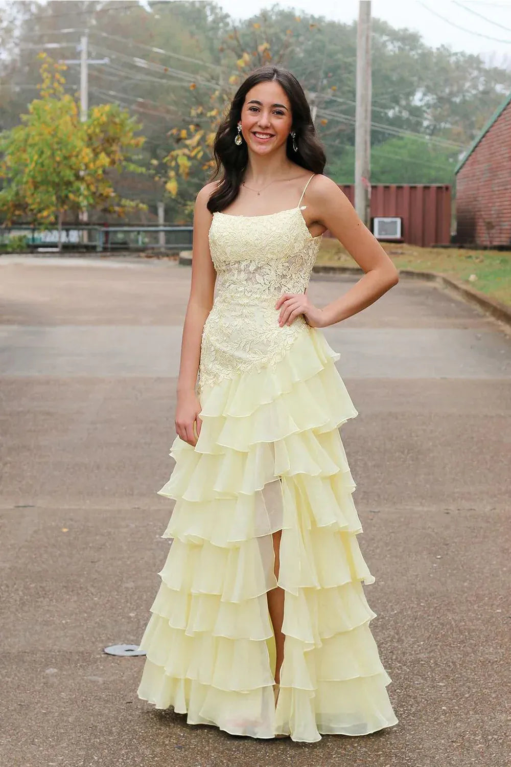 Spaghetti Strap Square Neck Lace Bodice Waist Cutout Tiered Ruffled Chiffon High Slit Floor Length Prom Evening Gown