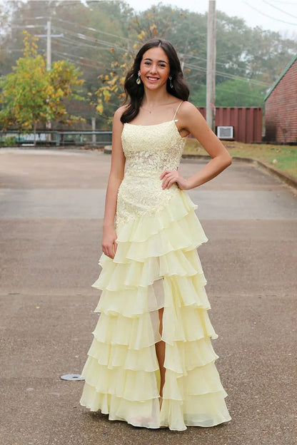 Spaghetti Strap Square Neck Lace Bodice Waist Cutout Tiered Ruffled Chiffon High Slit Floor Length Prom Evening Gown