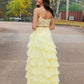 Spaghetti Strap Square Neck Lace Bodice Waist Cutout Tiered Ruffled Chiffon High Slit Floor Length Prom Evening Gown