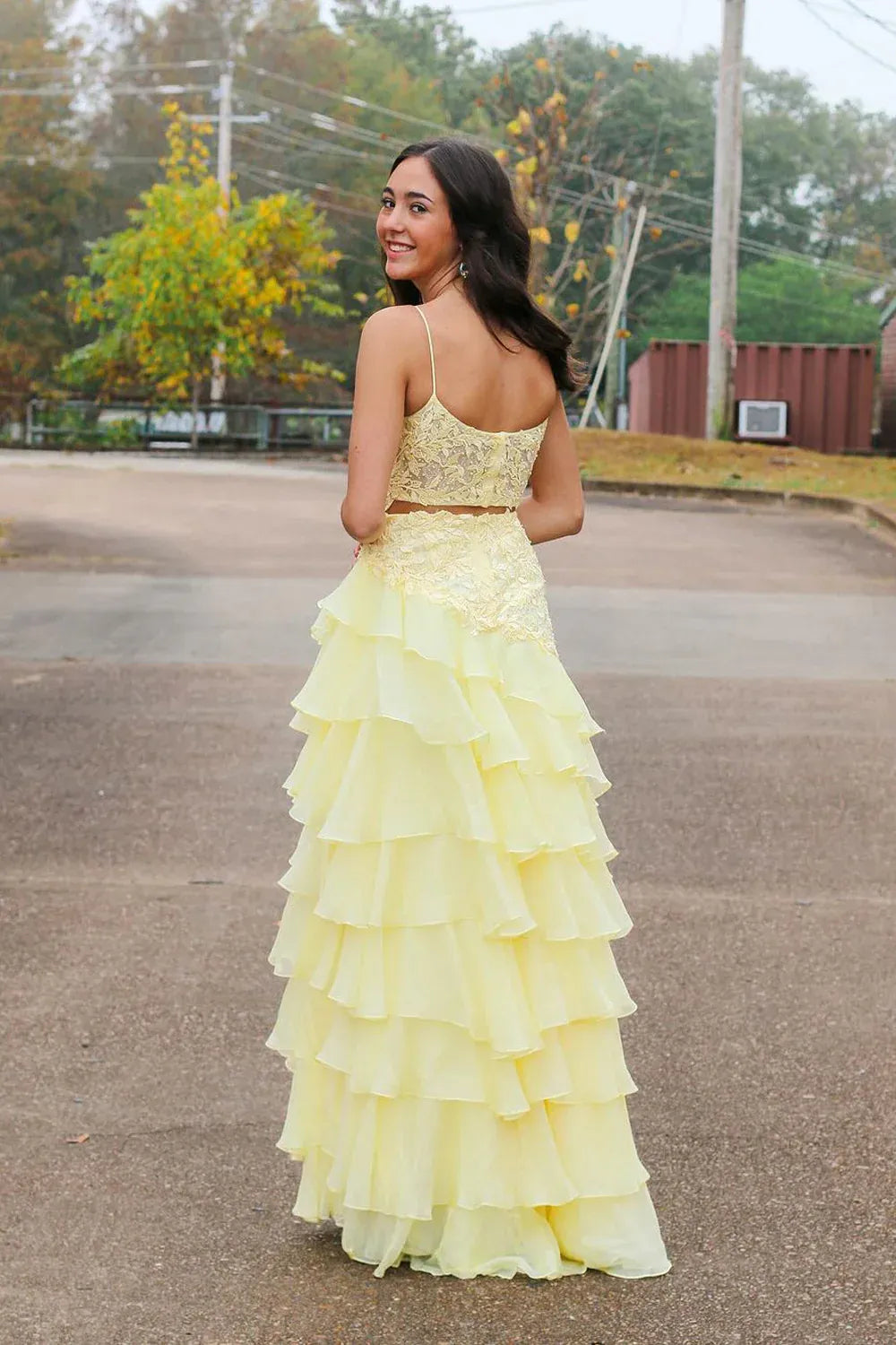 Spaghetti Strap Square Neck Lace Bodice Waist Cutout Tiered Ruffled Chiffon High Slit Floor Length Prom Evening Gown