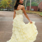 Spaghetti Strap Square Neck Lace Bodice Waist Cutout Tiered Ruffled Chiffon High Slit Floor Length Prom Evening Gown