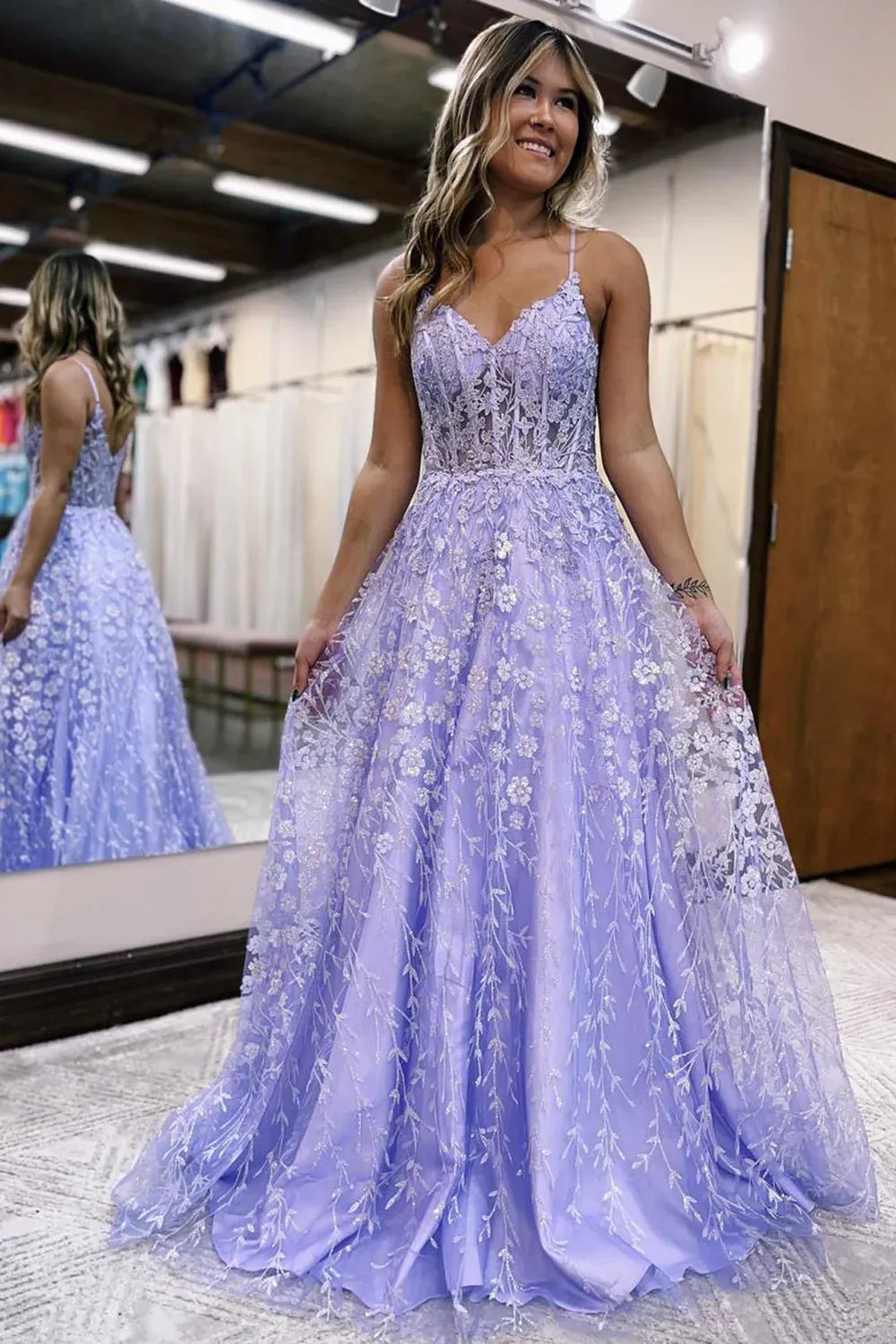 Spaghetti Strap V Neck Allover Floral Sequin Lace A-Line Floor Length Prom Evening Gown