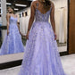 Spaghetti Strap V Neck Allover Floral Sequin Lace A-Line Floor Length Prom Evening Gown