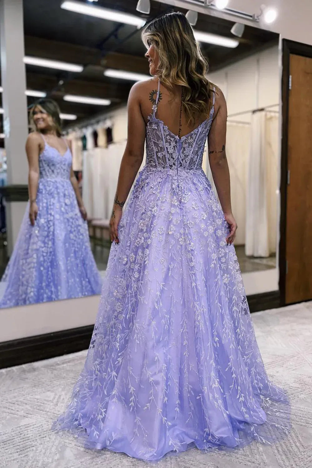 Spaghetti Strap V Neck Allover Floral Sequin Lace A-Line Floor Length Prom Evening Gown