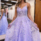 Spaghetti Strap V Neck Allover Floral Sequin Lace A-Line Floor Length Prom Evening Gown