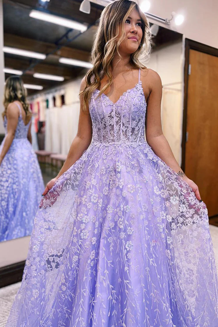 Spaghetti Strap V Neck Allover Floral Sequin Lace A-Line Floor Length Prom Evening Gown