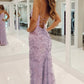 Spaghetti Strap V Neck Ditsy Floral Sequin Lace Mermaid High Slit Lace-Up Back Floor Length Prom Evening Gown
