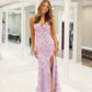 Spaghetti Strap V Neck Ditsy Floral Sequin Lace Mermaid High Slit Lace-Up Back Floor Length Prom Evening Gown