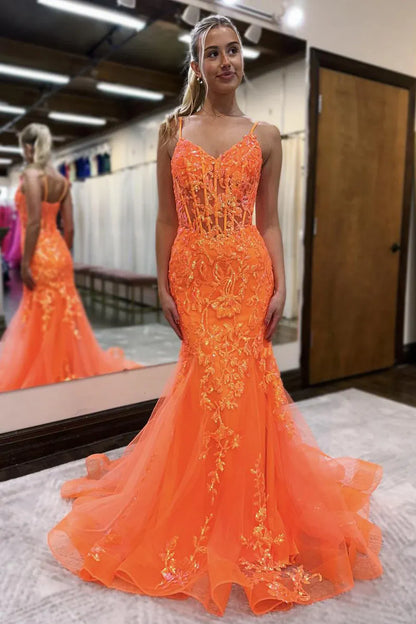 Spaghetti Strap V Neck Sheer Boned Corset Allover Floral Sequin Lace Mermaid Sweep Train Prom Evening Gown