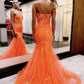 Spaghetti Strap V Neck Sheer Boned Corset Allover Floral Sequin Lace Mermaid Sweep Train Prom Evening Gown