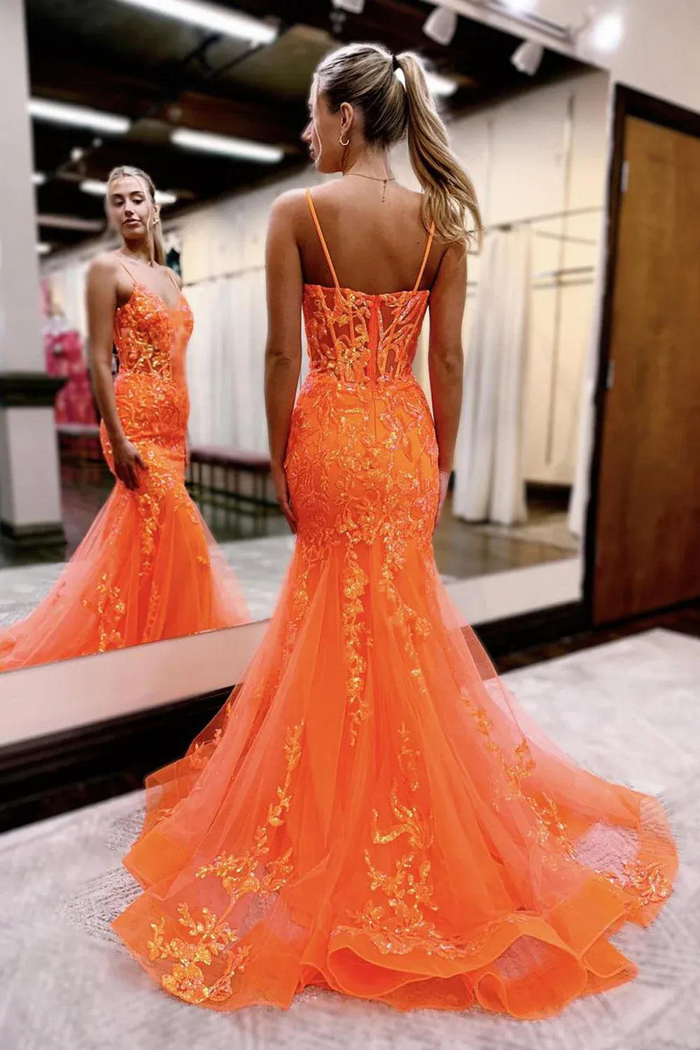 Spaghetti Strap V Neck Sheer Boned Corset Allover Floral Sequin Lace Mermaid Sweep Train Prom Evening Gown