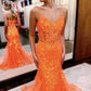 Spaghetti Strap V Neck Sheer Boned Corset Allover Floral Sequin Lace Mermaid Sweep Train Prom Evening Gown