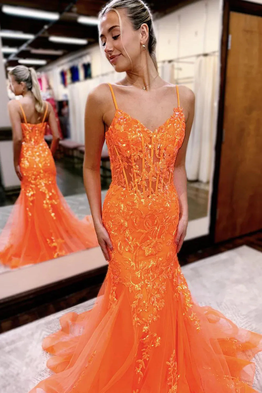 Spaghetti Strap V Neck Sheer Boned Corset Allover Floral Sequin Lace Mermaid Sweep Train Prom Evening Gown