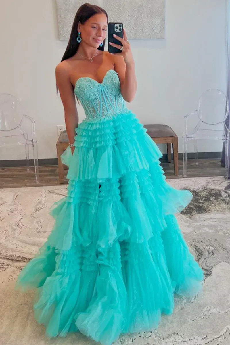 Sparkle Tulle Tiered A-Line Strapless Sheer Corset Slit Train Prom Gown