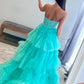 Sparkle Tulle Tiered A-Line Strapless Sheer Corset Slit Train Prom Gown