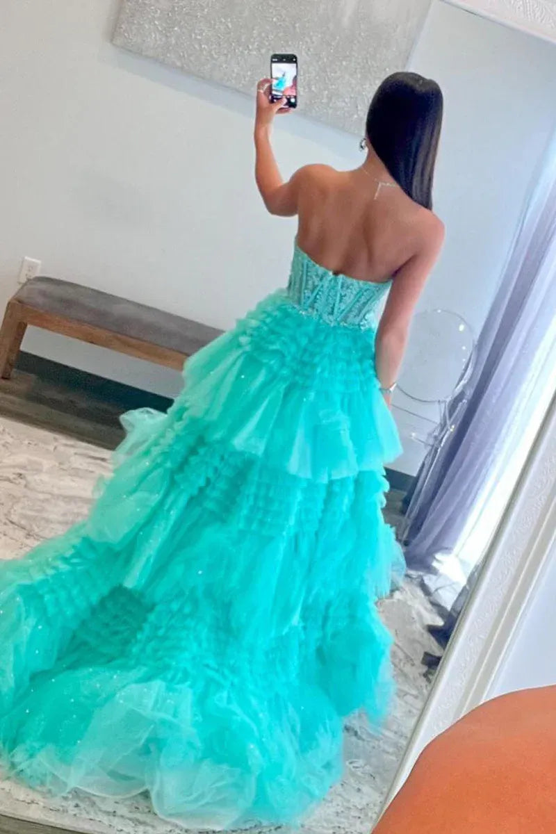 Sparkle Tulle Tiered A-Line Strapless Sheer Corset Slit Train Prom Gown