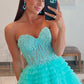 Sparkle Tulle Tiered A-Line Strapless Sheer Corset Slit Train Prom Gown