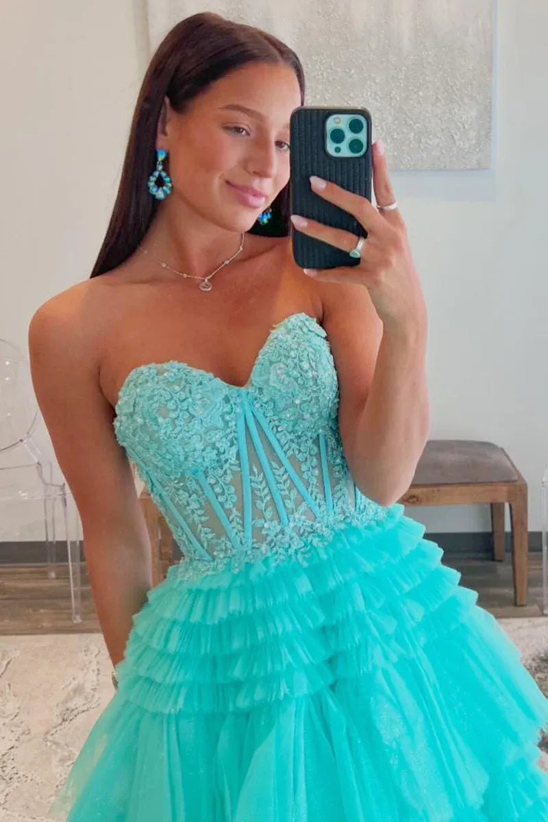 Sparkle Tulle Tiered A-Line Strapless Sheer Corset Slit Train Prom Gown