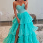 Sparkle Tulle Tiered A-Line Strapless Sheer Corset Slit Train Prom Gown