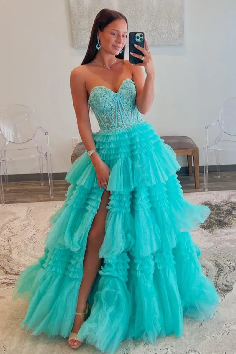 Sparkle Tulle Tiered A-Line Strapless Sheer Corset Slit Train Prom Gown