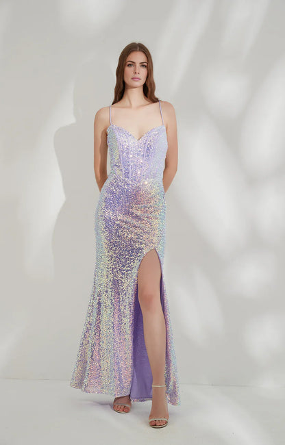 Sparkling Mermaid Sweetheart Spaghetti Straps Sequin Maxi Dress with Lace-Up Back and Slit