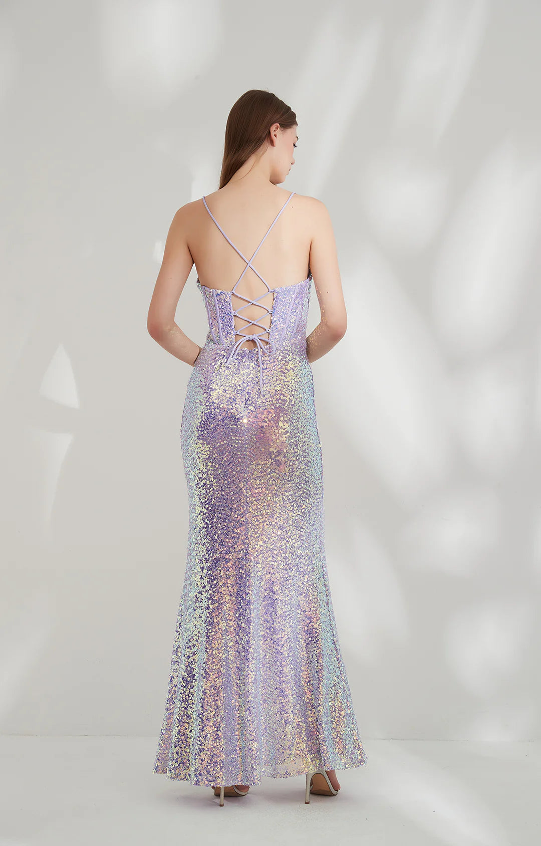 Sparkling Mermaid Sweetheart Spaghetti Straps Sequin Maxi Dress with Lace-Up Back and Slit