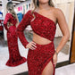 Sparkly Mermaid One Shoulder One Sleeve Cutout Floor Length Prom Gown