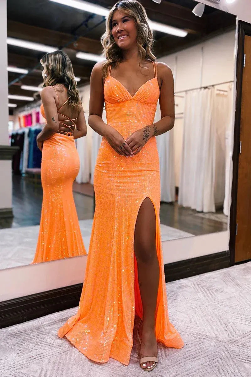 Sparkly Mermaid V Spaghetti Straps Lace Up Back Floor Length Prom Gown